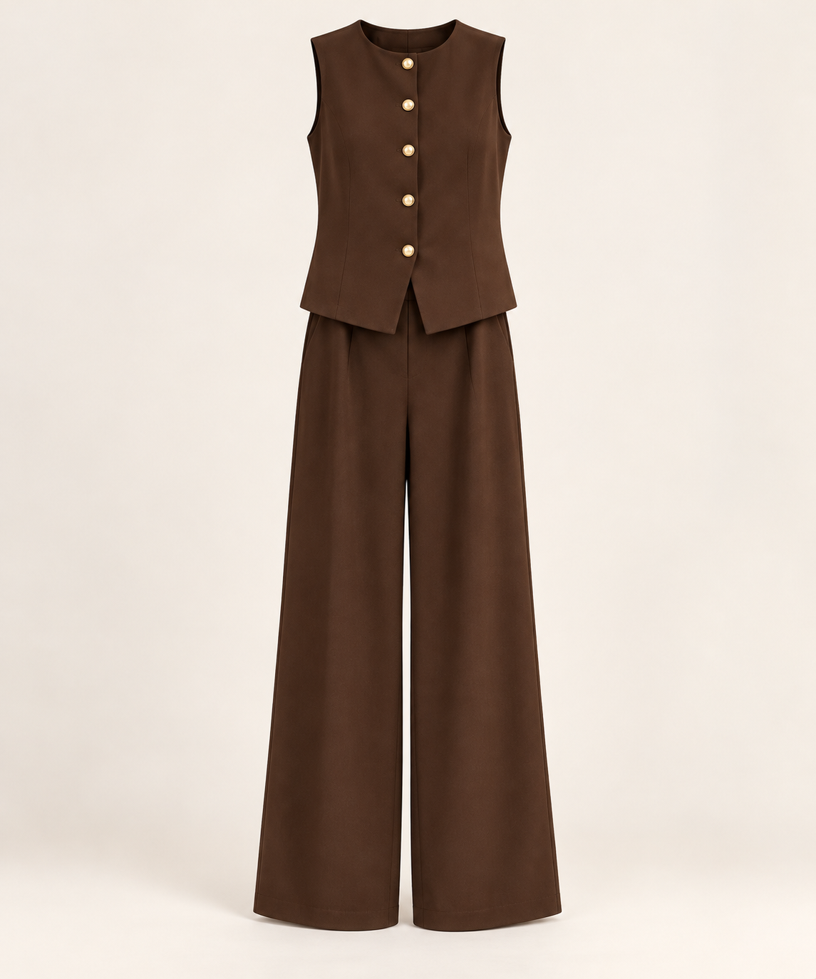 Ensemble gilet sans manches à boutons dorés et pantalon large — Marron — photo studio