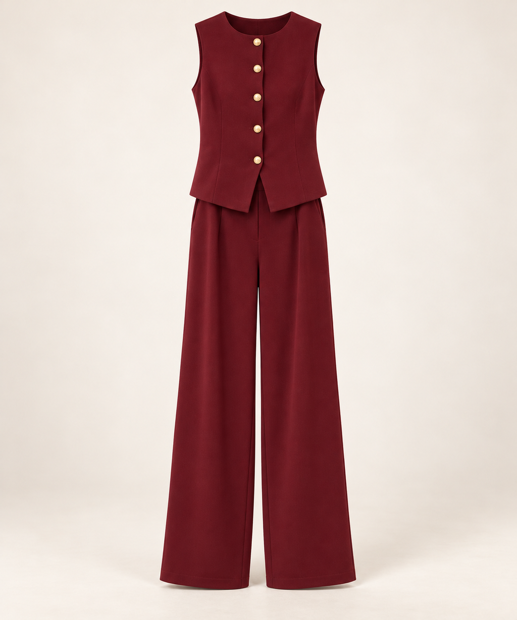Ensemble gilet sans manches à boutons dorés et pantalon large — Bordeaux — photo studio