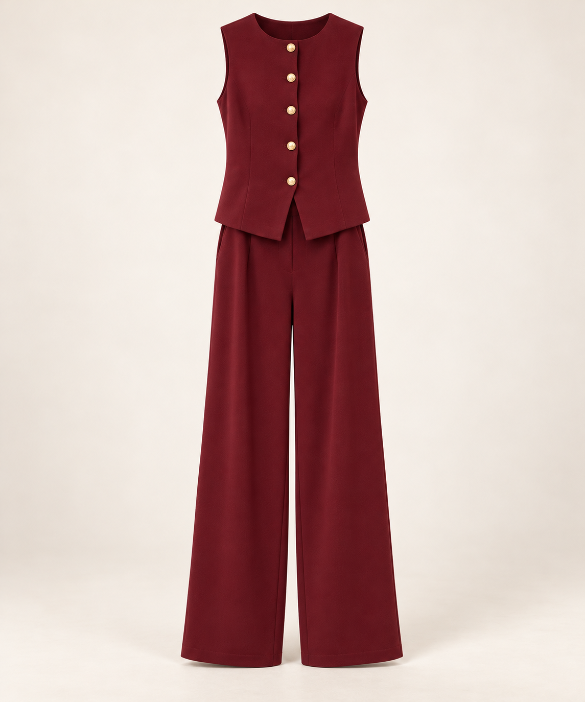 Ensemble gilet sans manches à boutons dorés et pantalon large — Bordeaux — photo studio