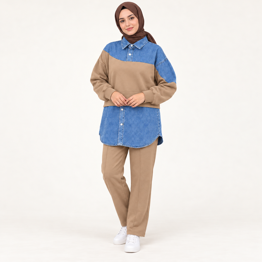Ensemble bicolore avec empiècements jean et pantalon droit — Beige foncé — photo studio