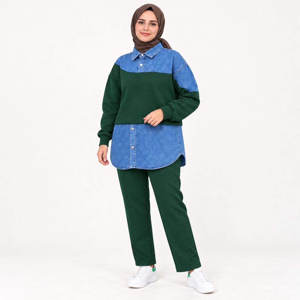 Ensemble bicolore avec empiècements jean et pantalon droit — Vert bouteille — photo studio