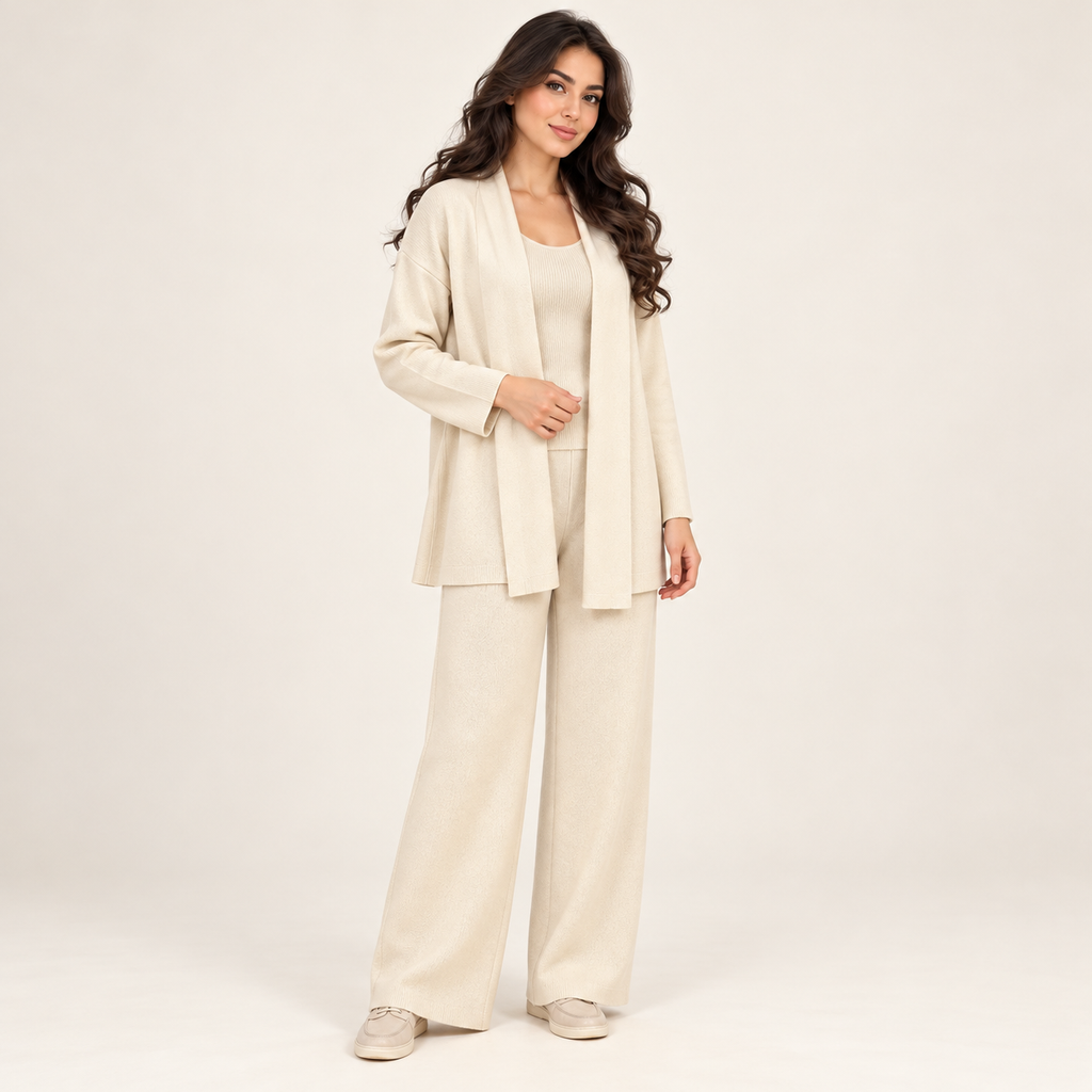 Ensemble maille trois pièces avec cardigan long ouvert — Blanc cassé — photo studio