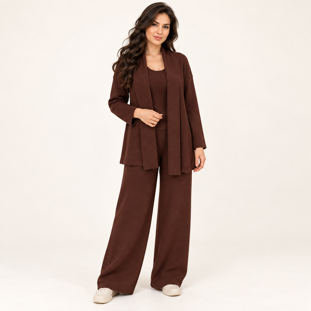 Ensemble maille trois pièces avec cardigan long ouvert — Marron — photo studio