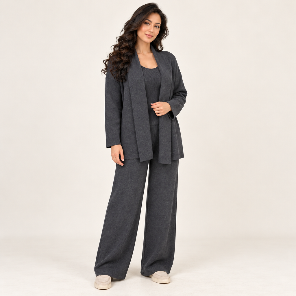 Ensemble maille trois pièces avec cardigan long ouvert — Gris foncé — photo studio