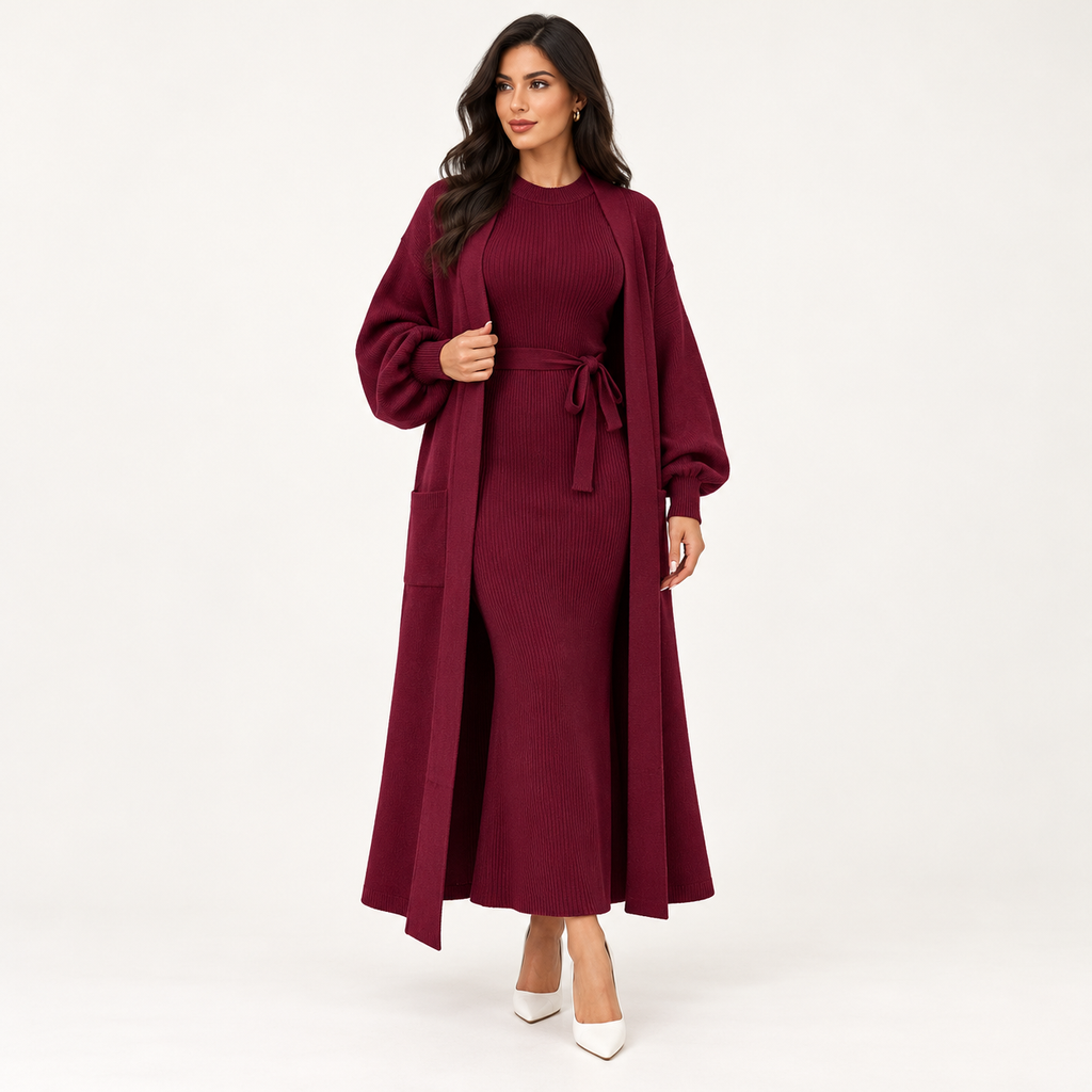 Robe longue ceinturée et kimono à manches bouffantes — Bordeaux — photo studio