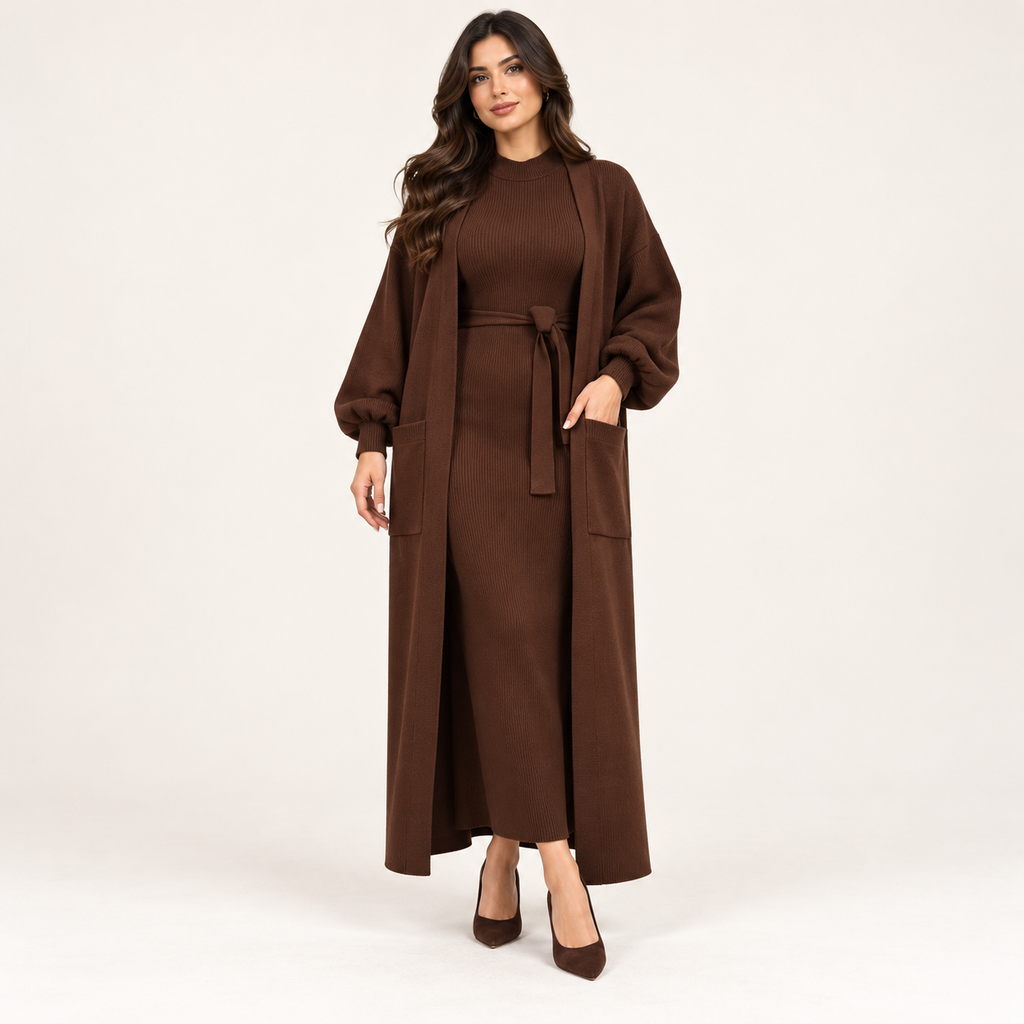 Robe longue ceinturée et kimono à manches bouffantes — Marron — photo studio