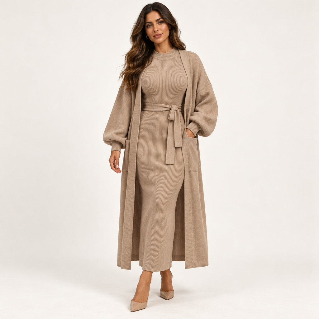 Robe longue ceinturée et kimono à manches bouffantes — Beige foncé — photo studio