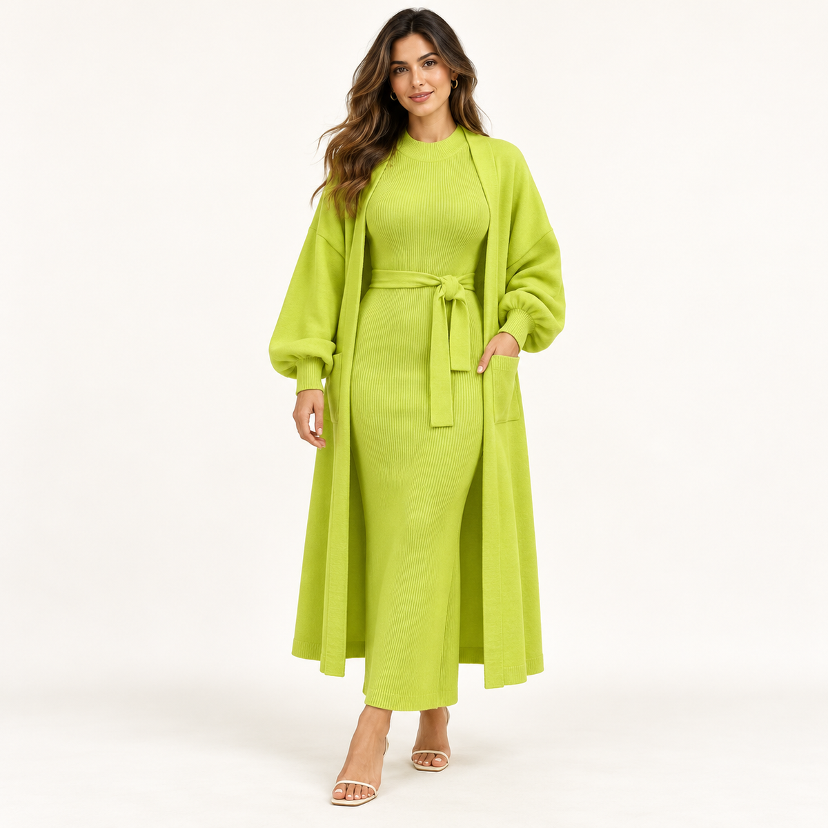 Robe longue ceinturée et kimono à manches bouffantes — Vert anis — photo studio