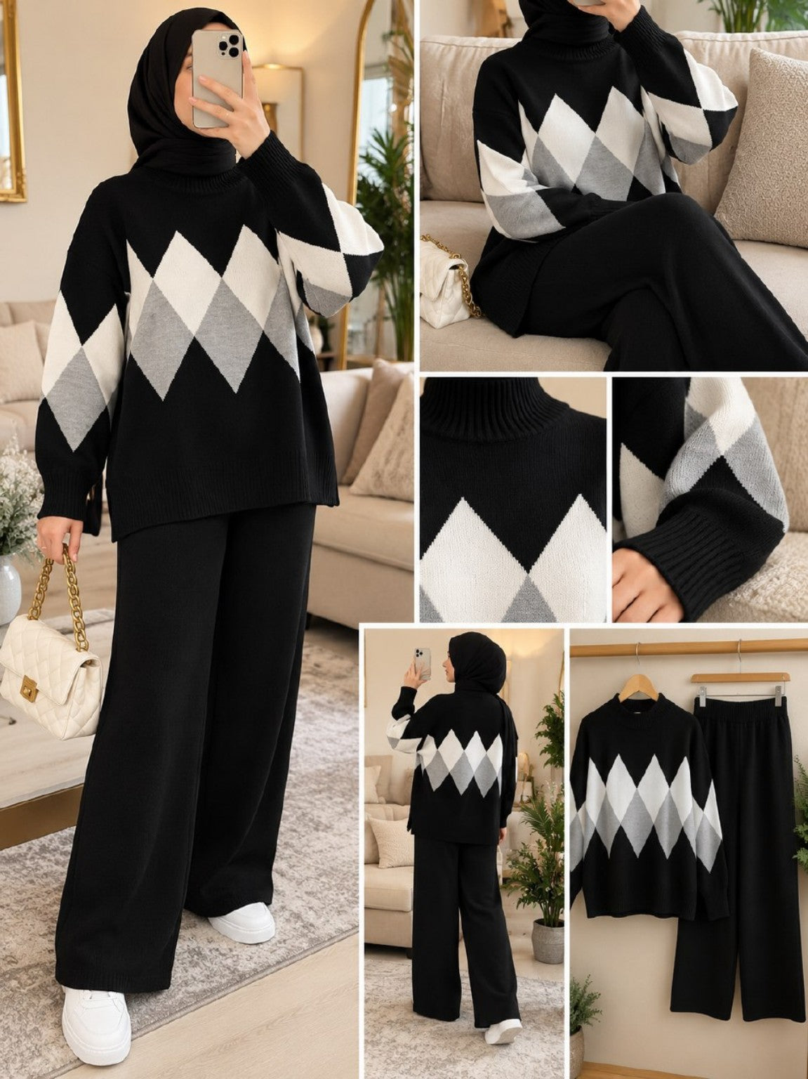 Ensemble jacquard — Noir avec pantalon noir — vues face, dos et détails Azome