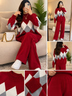 Ensemble jacquard — Rouge avec pantalon rouge — vues face, dos et détails Azome