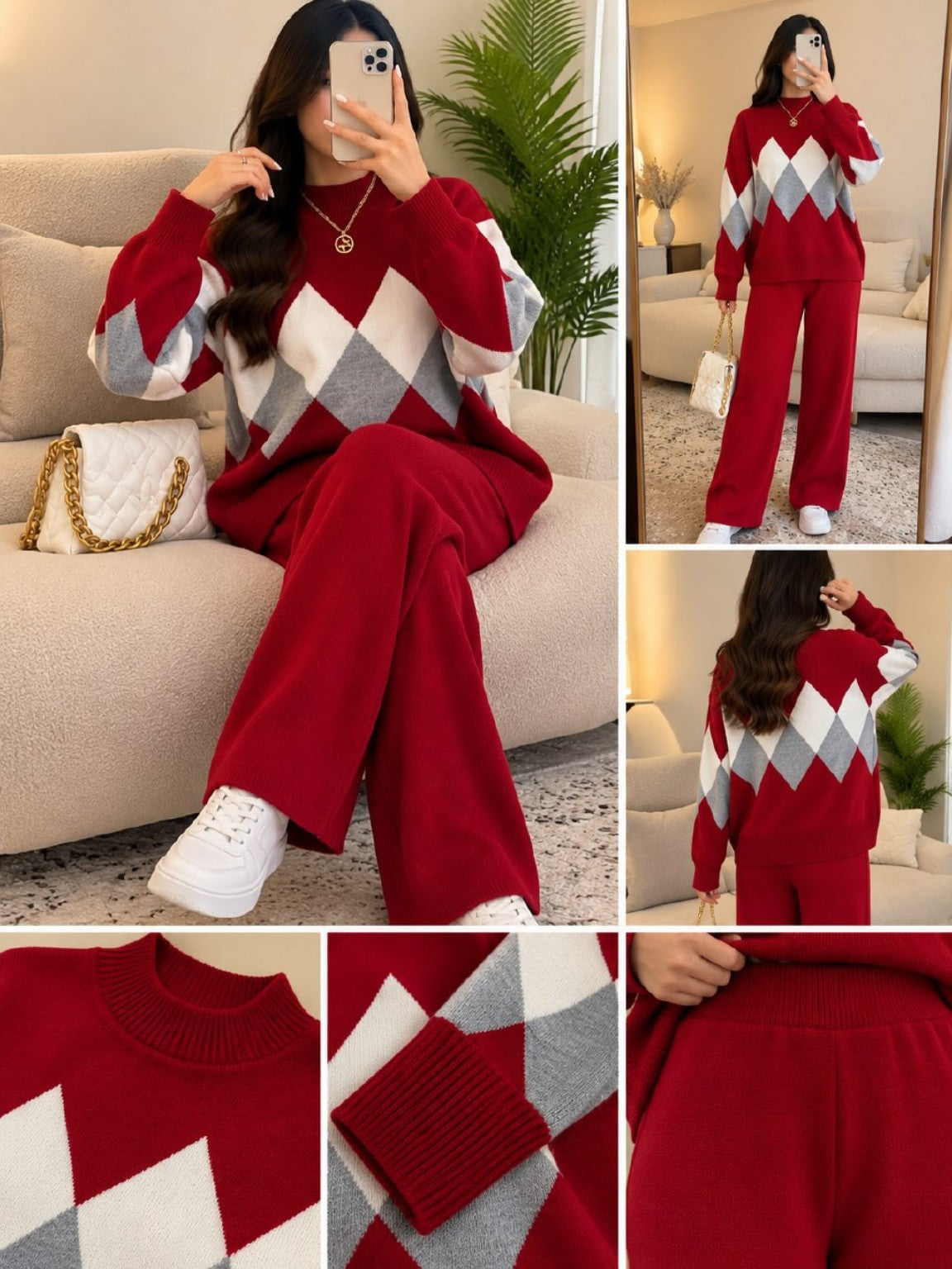 Ensemble jacquard — Rouge avec pantalon rouge — vues face, dos et détails Azome