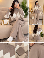 Ensemble jacquard — Taupe avec pantalon beige clair — vues face, dos et détails Azome
