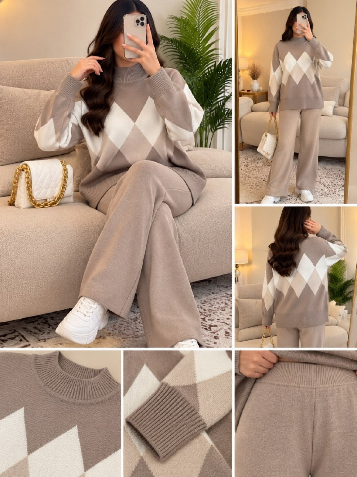 Ensemble jacquard — Taupe avec pantalon beige clair — vues face, dos et détails Azome