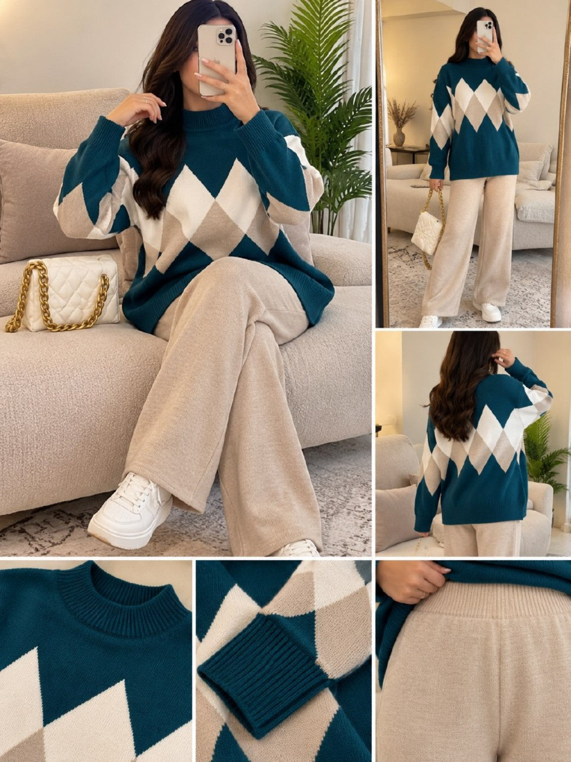 Ensemble jacquard — Vert canard avec pantalon beige clair — vues face, dos et détails Azome