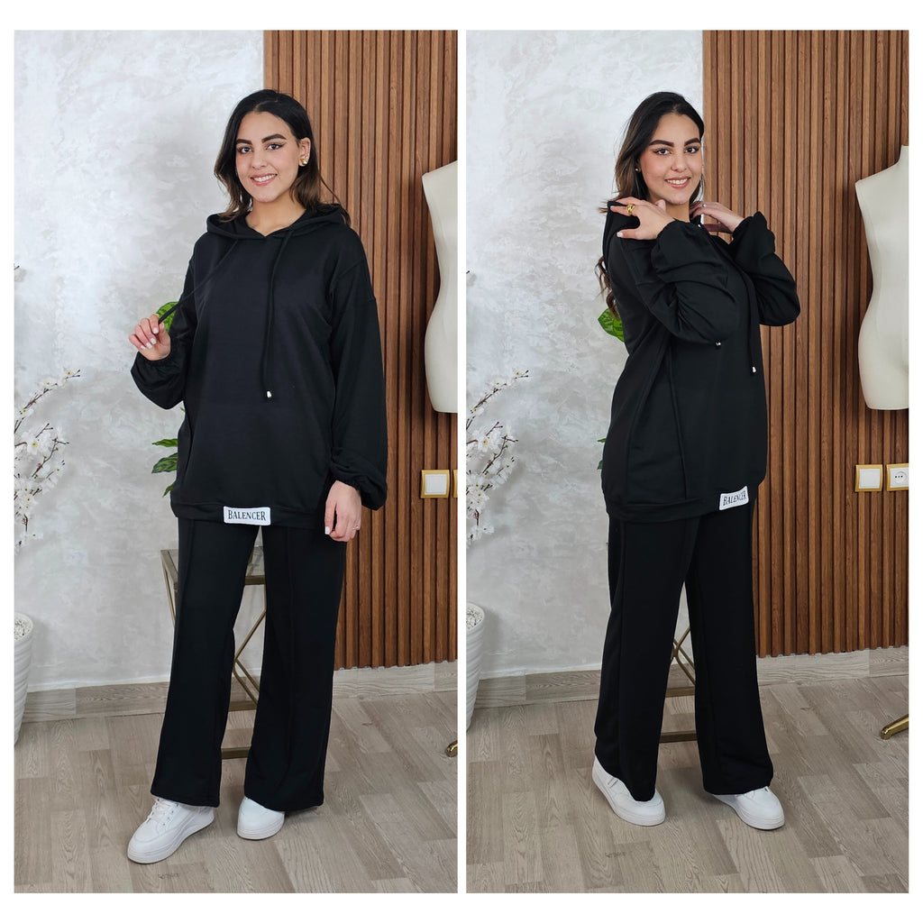 Ensemble femme ample à capuche et pantalon droit — Noir