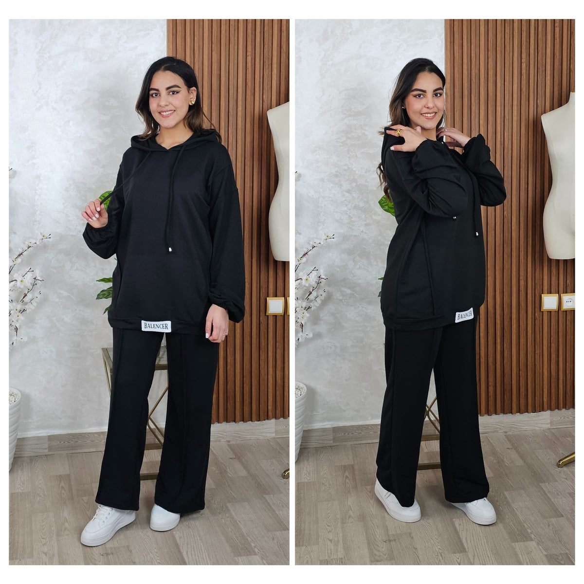 Ensemble femme ample à capuche et pantalon droit — Noir