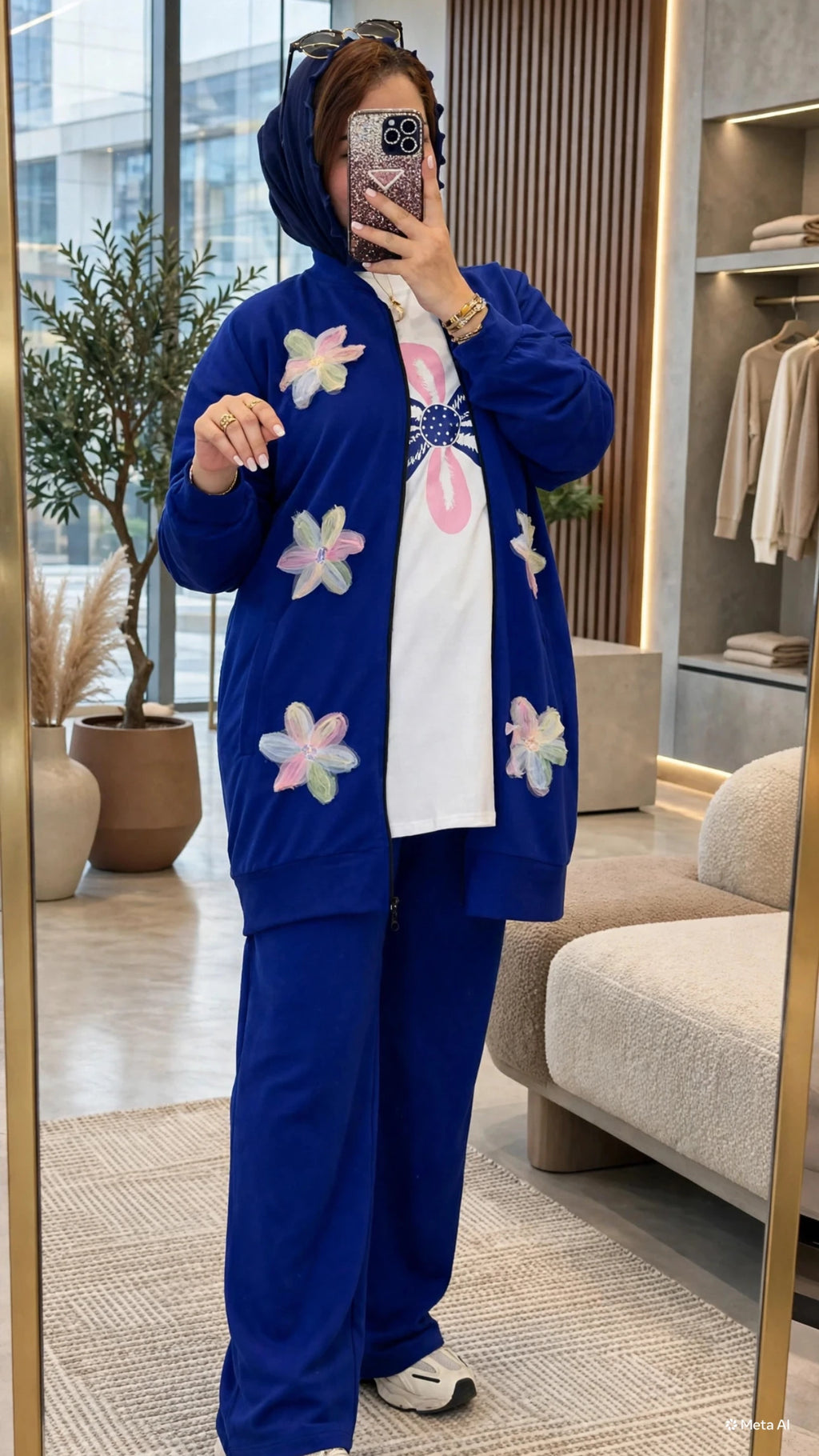 Ensemble femme trois pièces à fleurs et veste longue zippée – Bleu pétrole