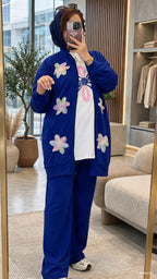 Ensemble femme trois pièces à fleurs et veste longue zippée – Bleu pétrole