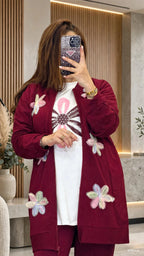 Ensemble femme trois pièces à fleurs et veste longue zippée – Bordeaux