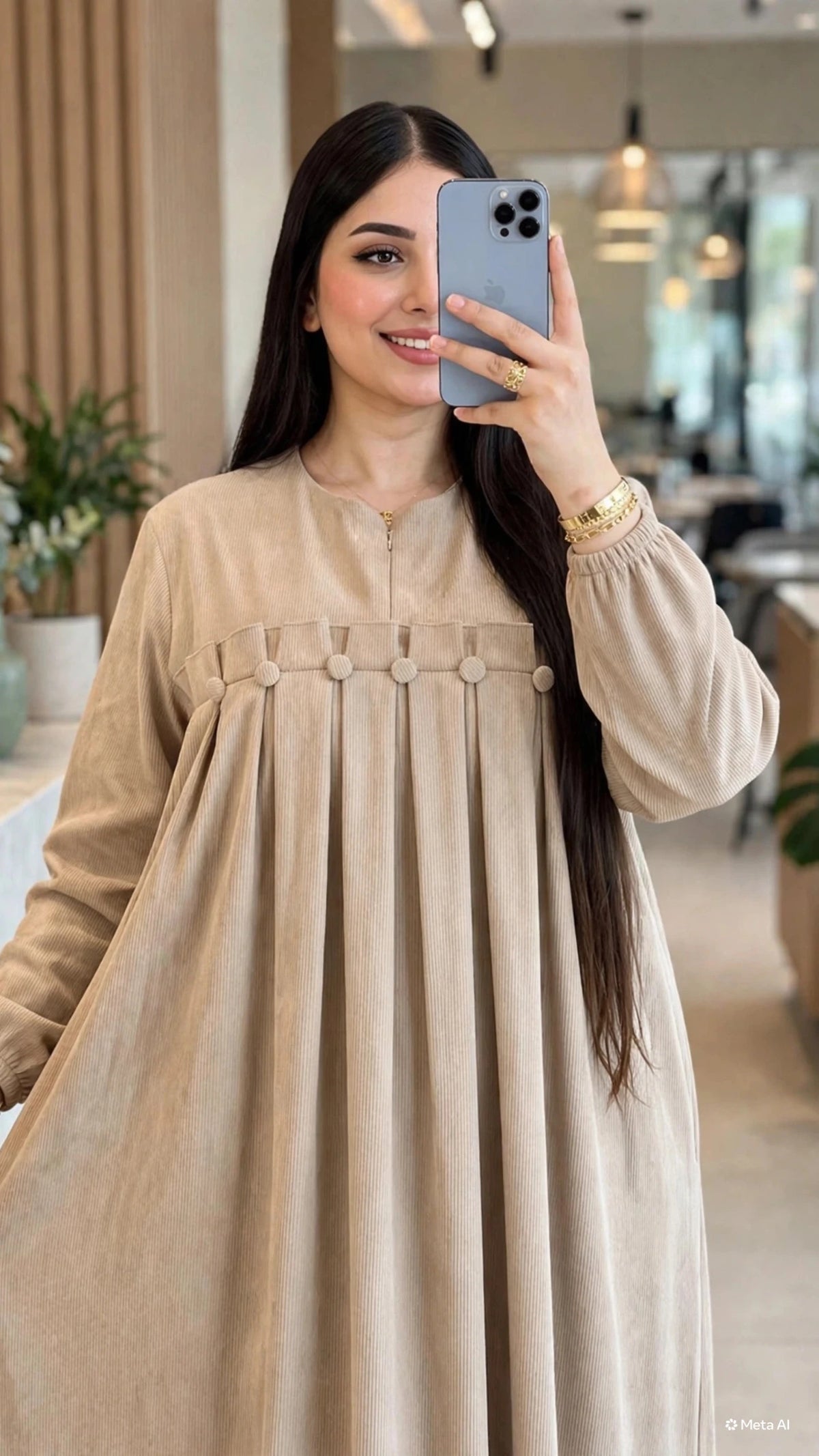 Robe ample en velours côtelé à plis et boutons décoratifs – Beige