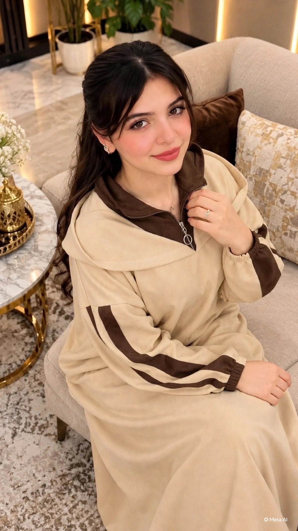 Robe longue sport à col polo et bandes contrastées – Beige