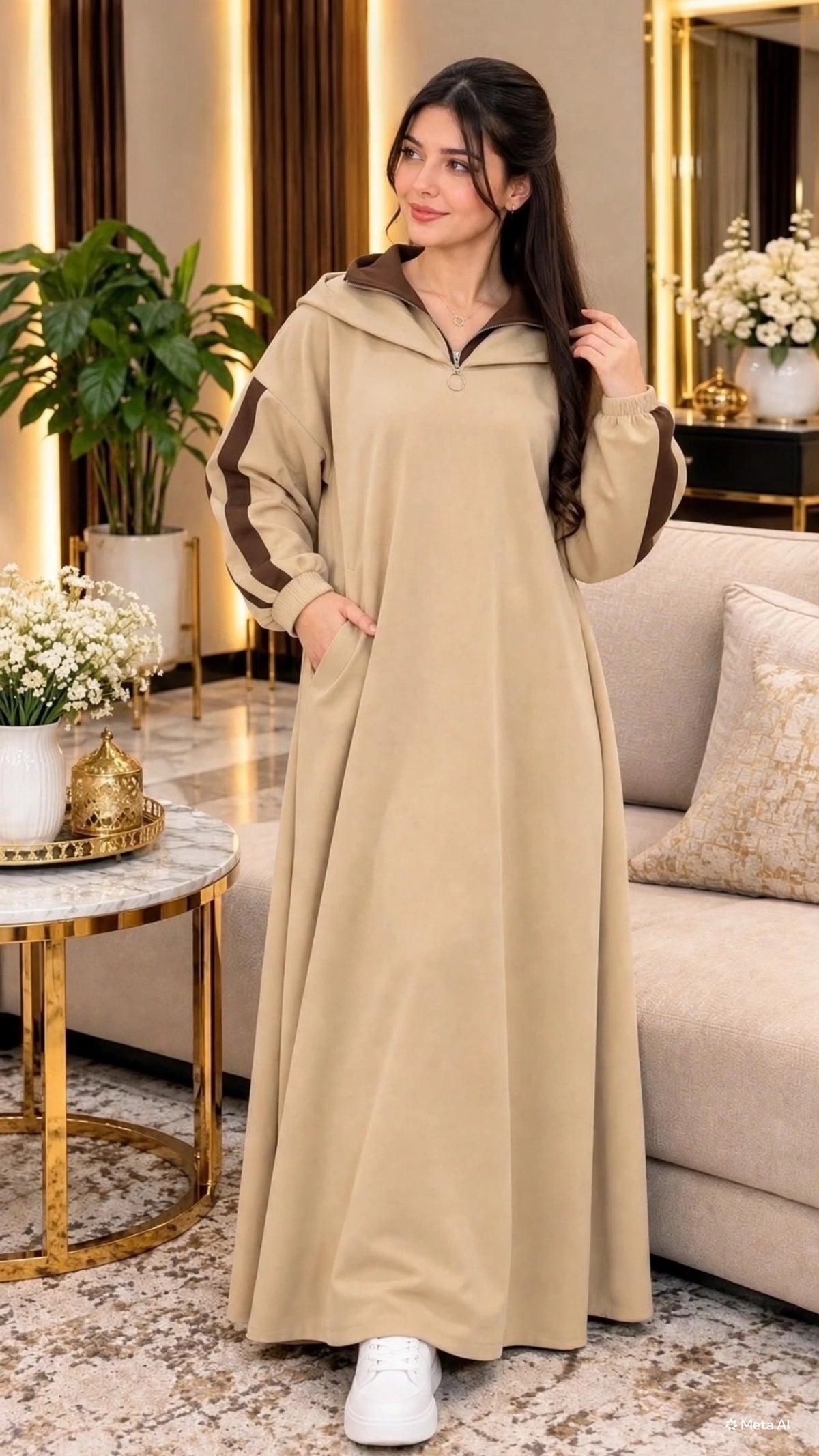 Robe longue sport beige DOHA-81 à col zippé et bandes contrastées, portée