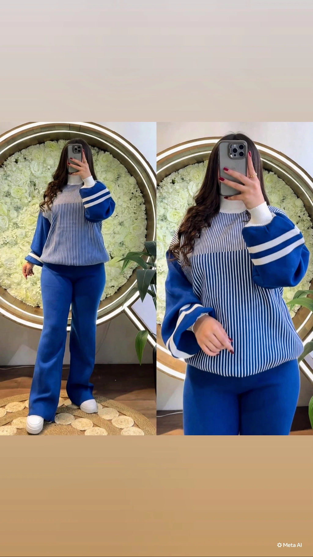 Ensemble femme en maille à rayures et pantalon ample – Bleu roi