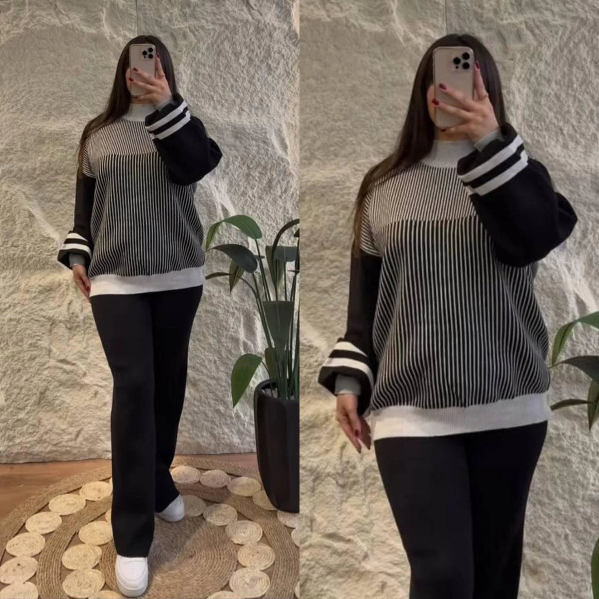 Ensemble femme en maille à rayures et pantalon ample – Noir