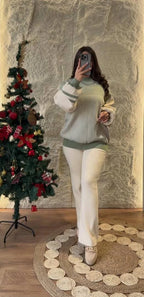 Ensemble femme en maille à rayures et pantalon ample – Vert