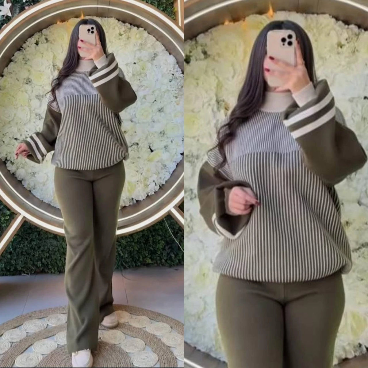Ensemble femme en maille à rayures et pantalon ample – Vert olive