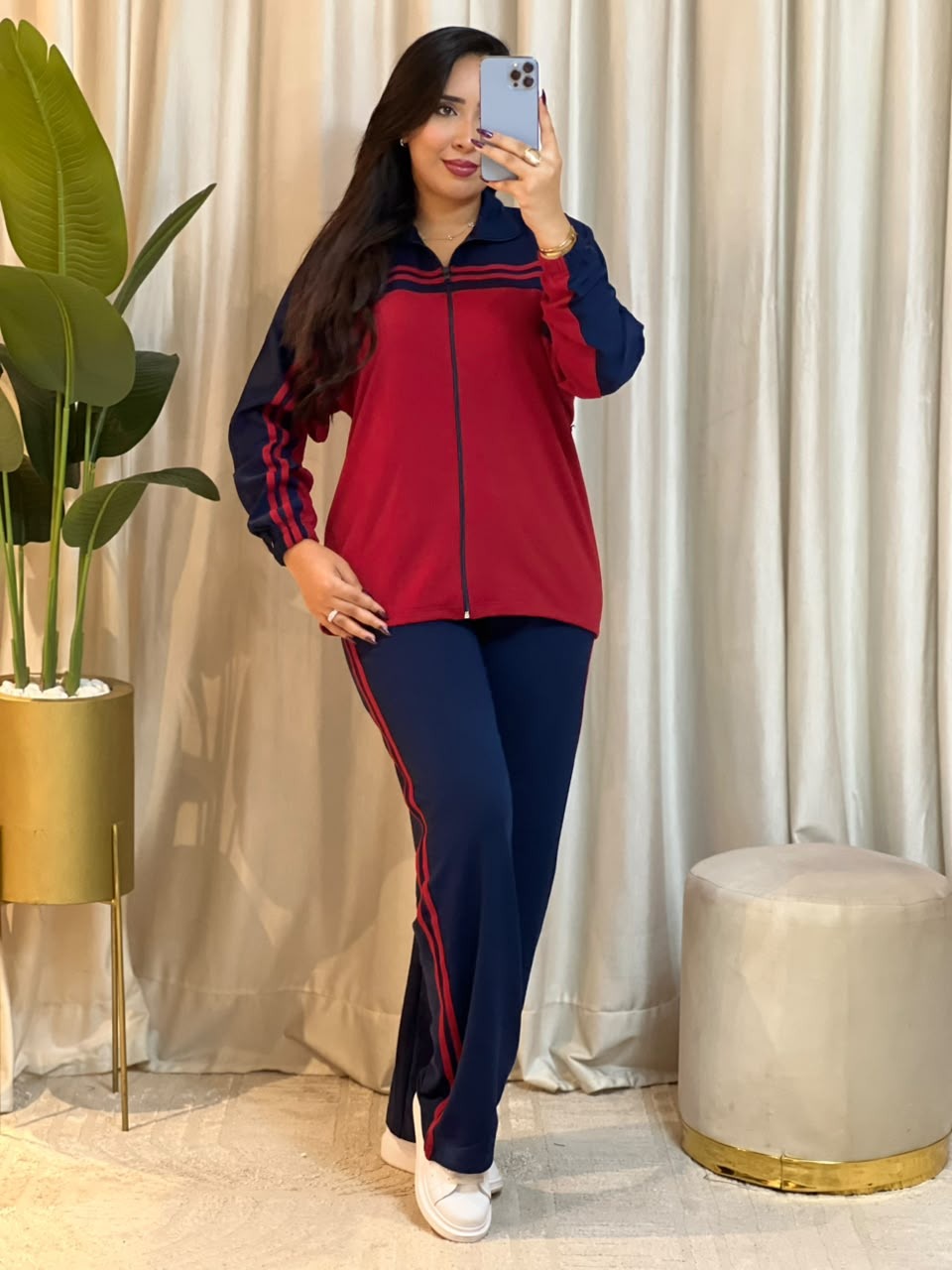 Ensemble en molleton à bandes contrastées et pantalon large – Rouge