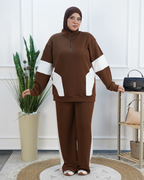 Ensemble femme à demi-zip et empiècements contrastés — Marron