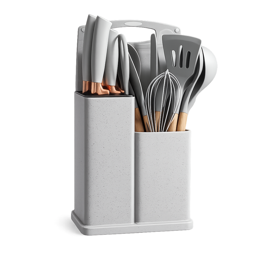 Ensemble 19 Pièces Ustensiles Cuisine + Couteaux – Silicone Antiadhésif, Manche Bois, Support Moderne