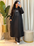 Ensemble femme à tunique longue à capuche et liserés blancs — Noir