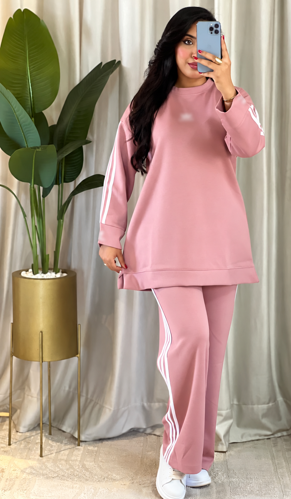 Ensemble femme à sweat long et bandes contrastées — Rose