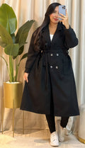 Manteau femme long ceinturé à double boutonnage — Noir