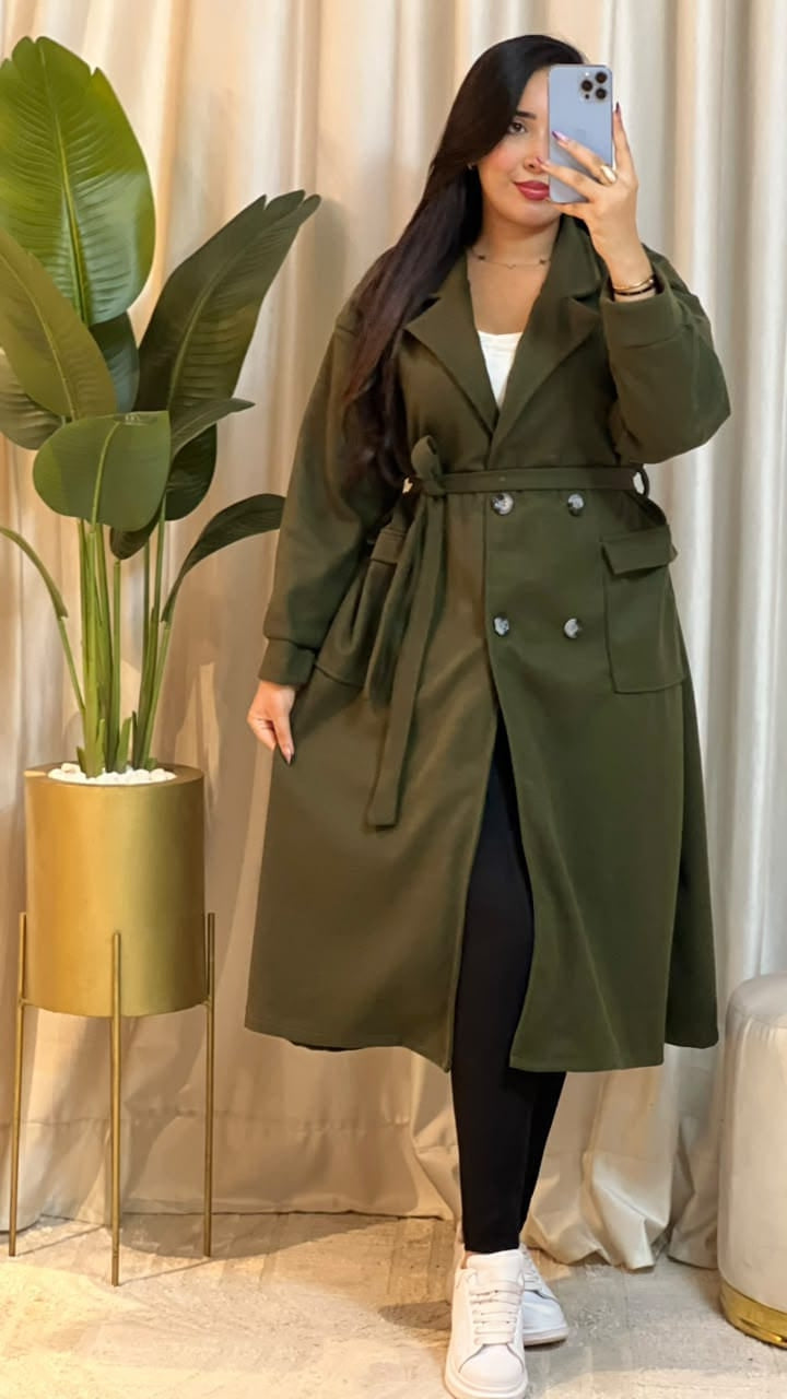 Manteau femme long ceinturé à double boutonnage — Vert olive
