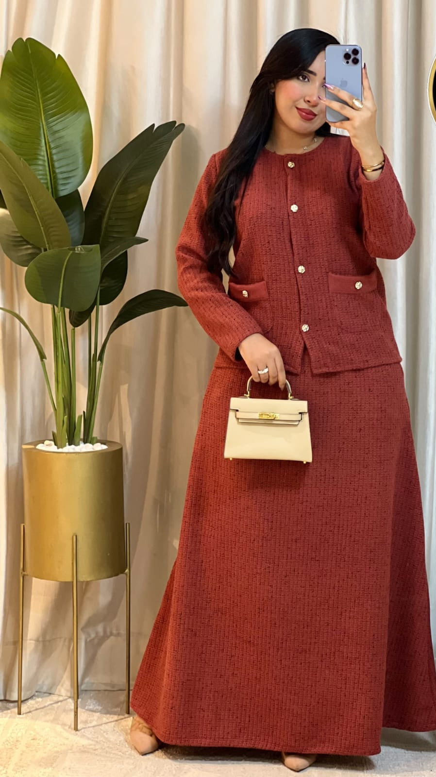 Ensemble femme à veste texturée et jupe longue — Rouge brique