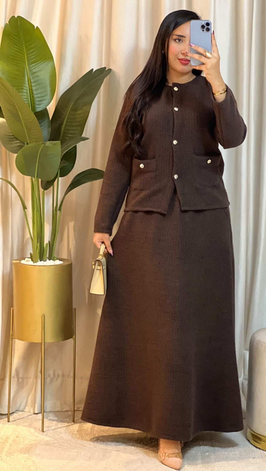 Ensemble femme à veste texturée et jupe longue — Marron