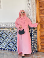 Abaya deux pièces à manches froncées et voile assorti – Rose