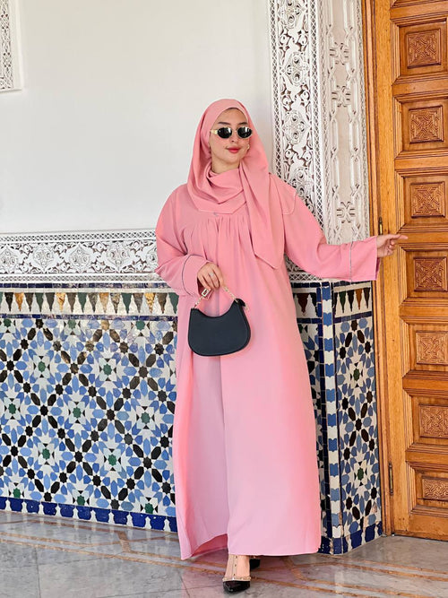 Abaya deux pièces à manches froncées et voile assorti – Rose