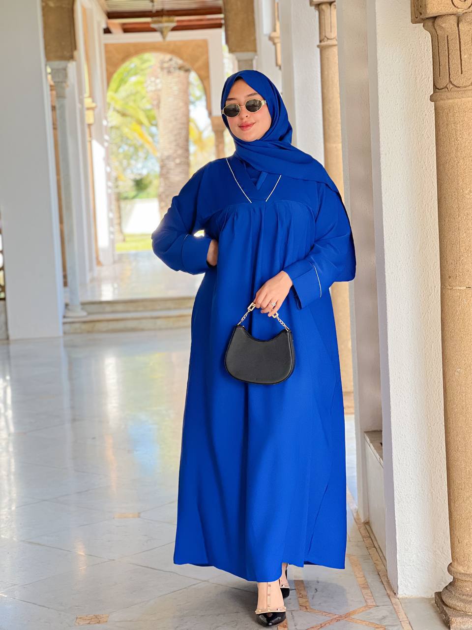 Abaya deux pièces à manches froncées et voile assorti – Bleu