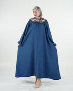 Robe longue ample à encolure froncée et manches resserrées – Bleu