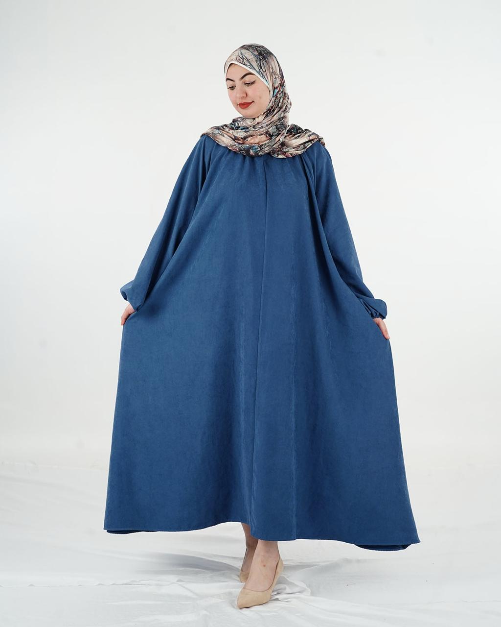 Robe longue ample à encolure froncée et manches resserrées – Bleu