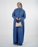 Ensemble femme à tunique longue et boutons à brides – Bleu