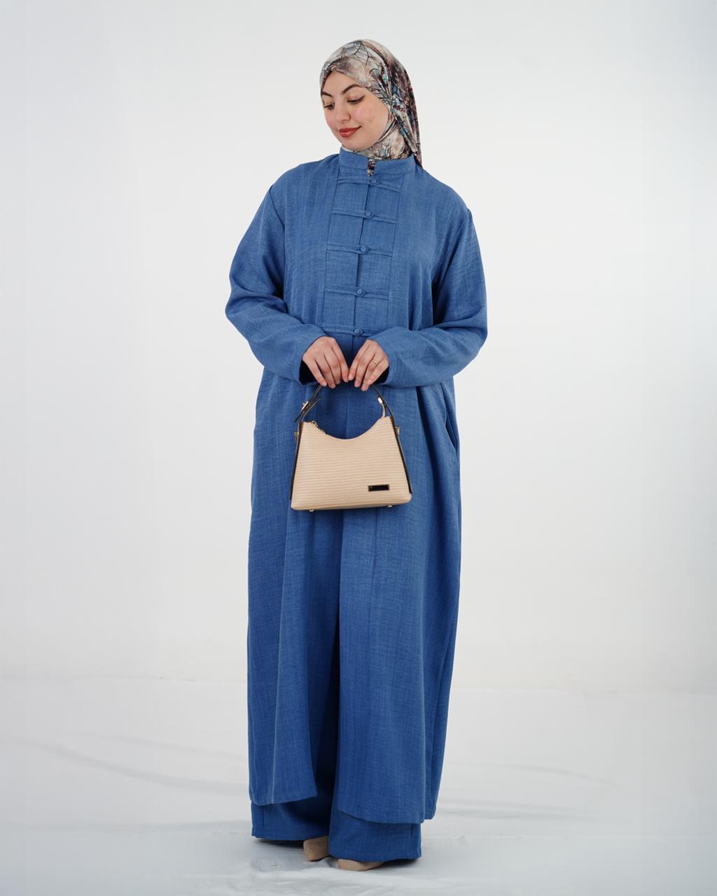 Ensemble femme à tunique longue et boutons à brides – Bleu