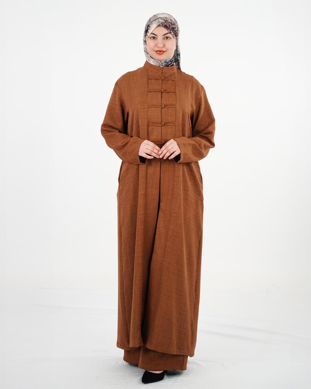 Ensemble femme à tunique longue et boutons à brides – Marron