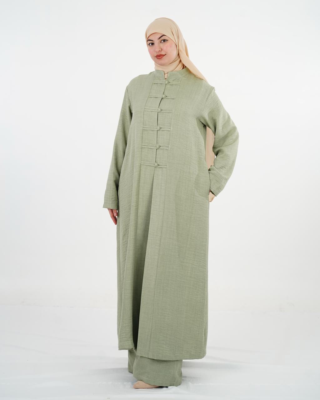 Ensemble femme à tunique longue et boutons à brides – Vert clair