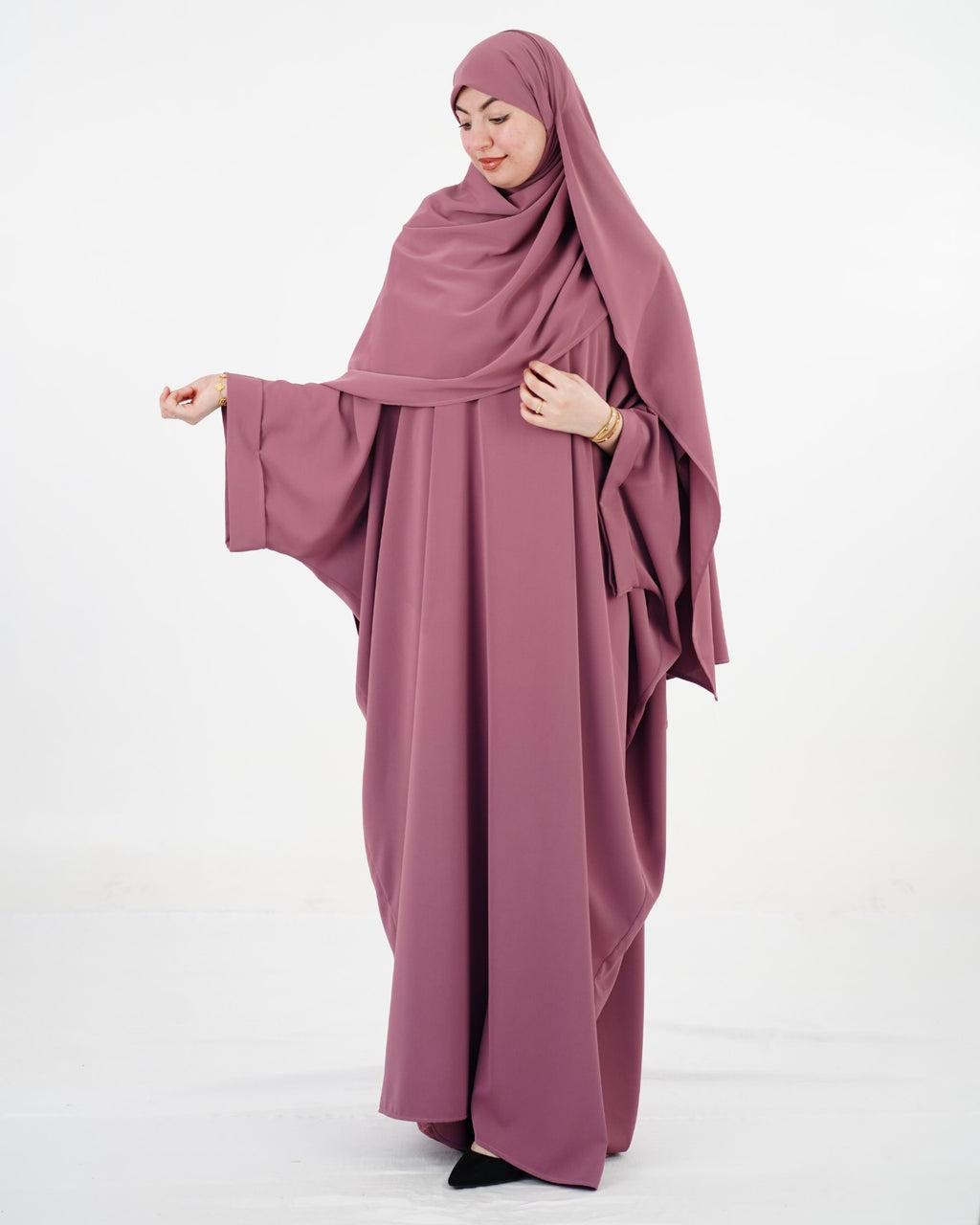 Abaya ample en crêpe avec grand voile assorti – Rose