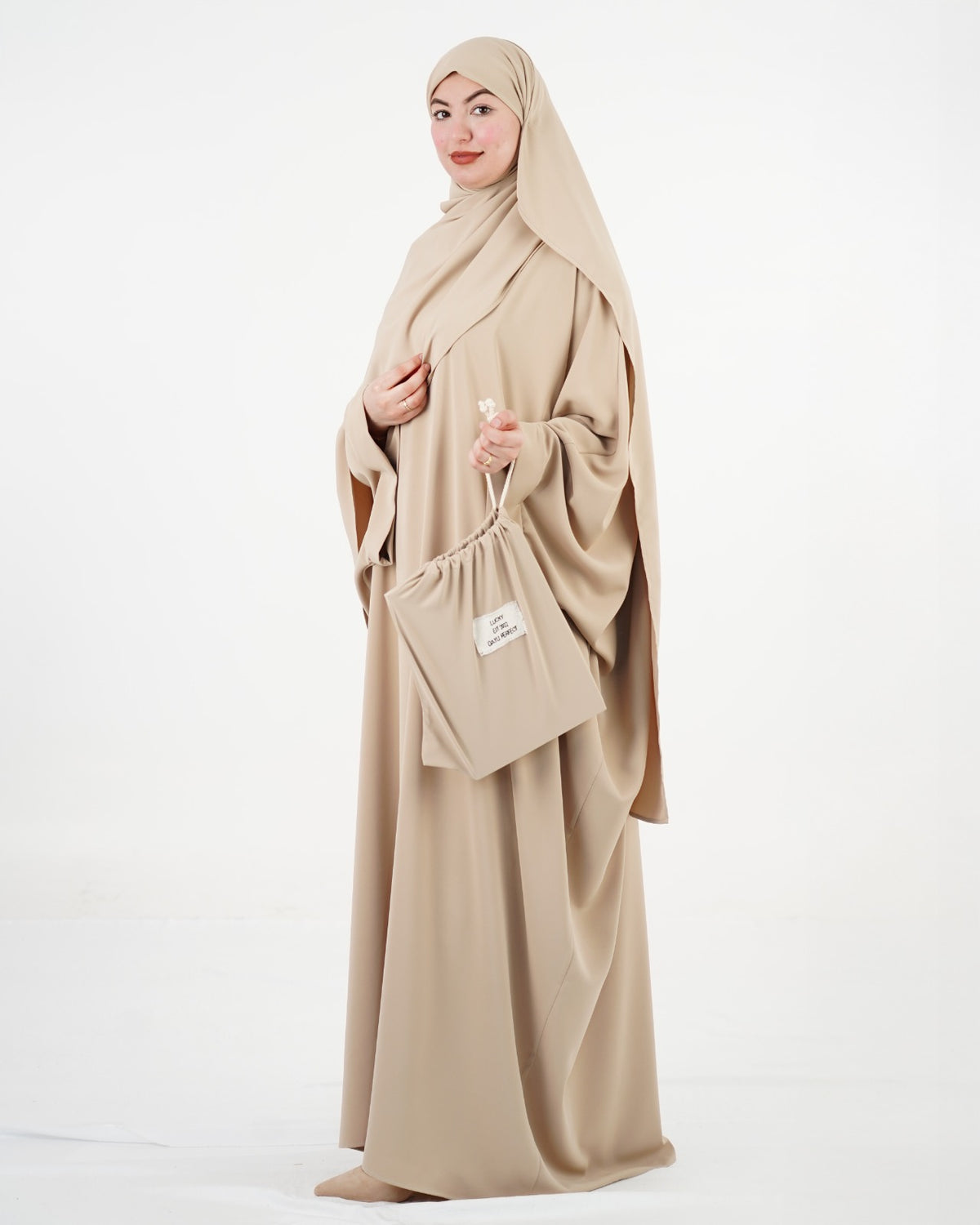 Abaya ample en crêpe avec grand voile assorti – Beige